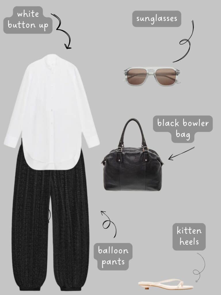A photo of an outfit of a white button up with black balloon trousers, cream kitten heels, grey sunglasses, and a black bowler bag.