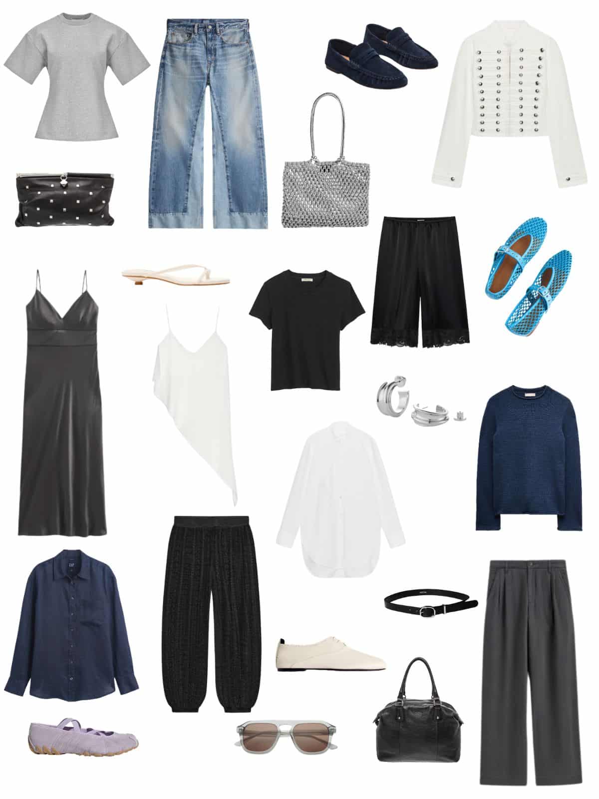 A white background with 12 pieces plus shoes and accessories for The Minimalist Summer Capsule (As Written By Someone Who is Anything But).
