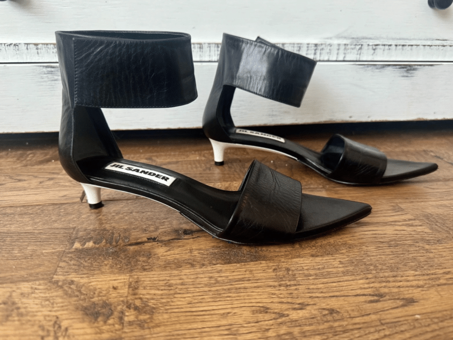 Jil Sander Black Leather Ankle Cuff Kitten Heel Sandals