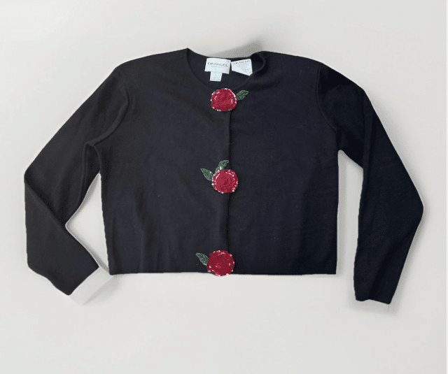 Vtg EMANUEL Ungaro Black Cardigan with Sequin Rose Buttons Cropped