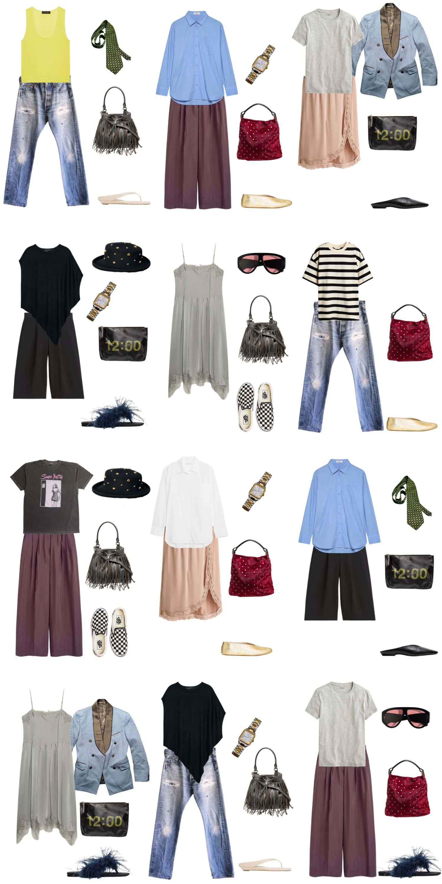 A white background with 12 outfits for The Collected, Not Curated Summer Capsule Wardrobe.