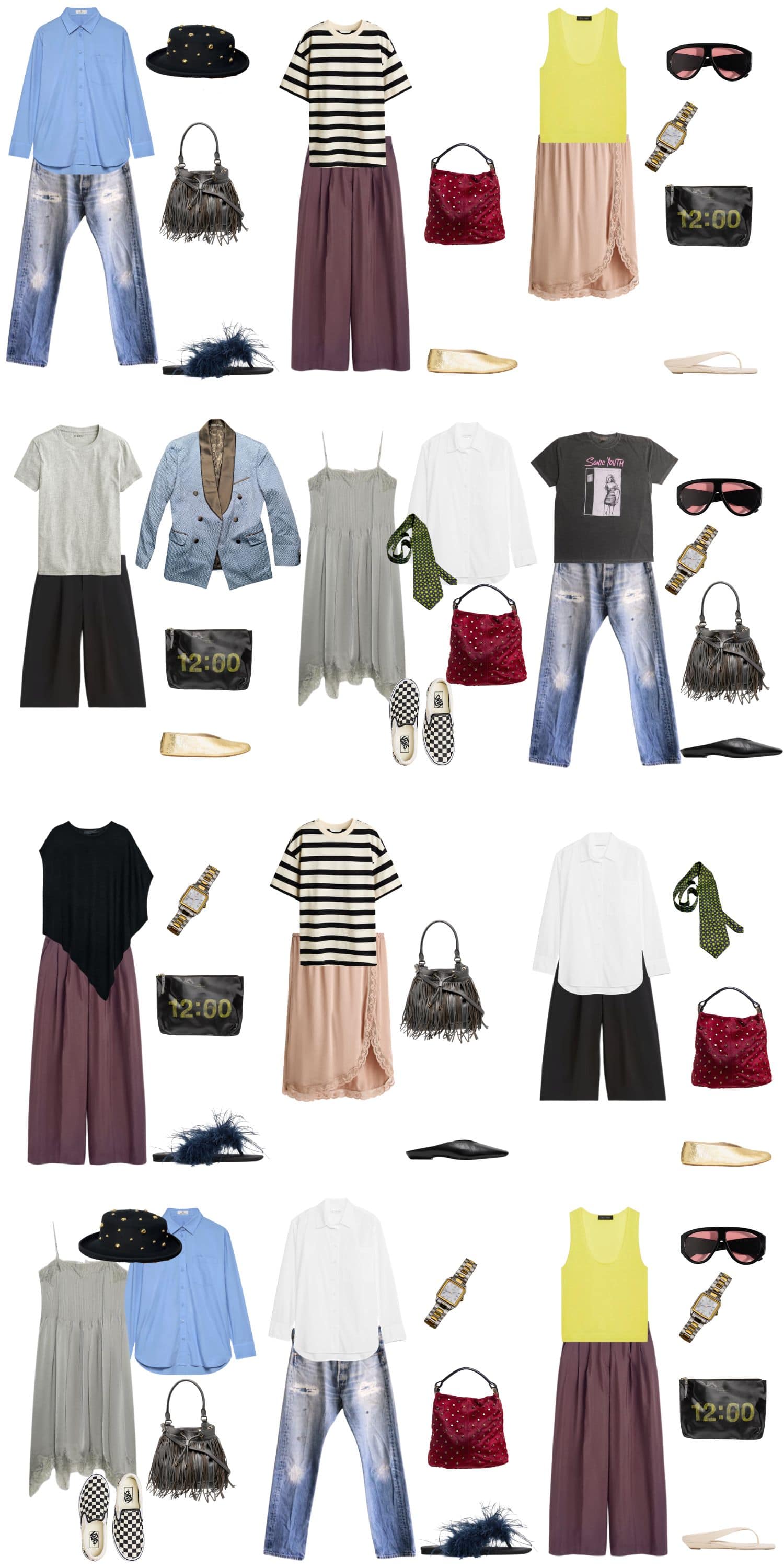 A white background with 12 outfits for The Collected, Not Curated Summer Capsule Wardrobe.