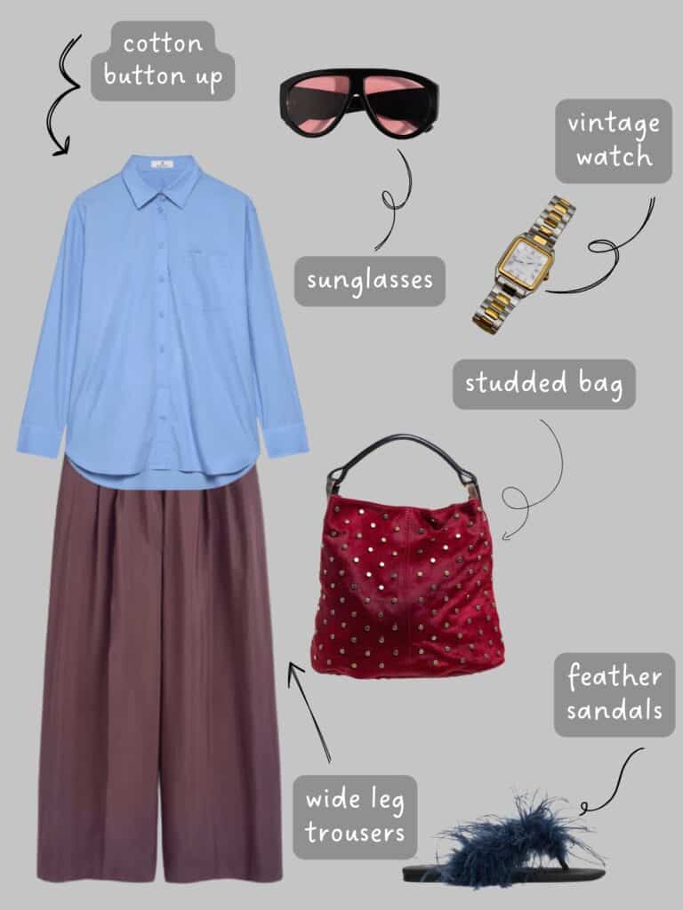 A photo of an outfit of a blue button up paired with burgundy, wide leg trousers, a burgundy calf hair bag, shield sunglasses with pink lenses, a vintage watch, and feathered flip flops.