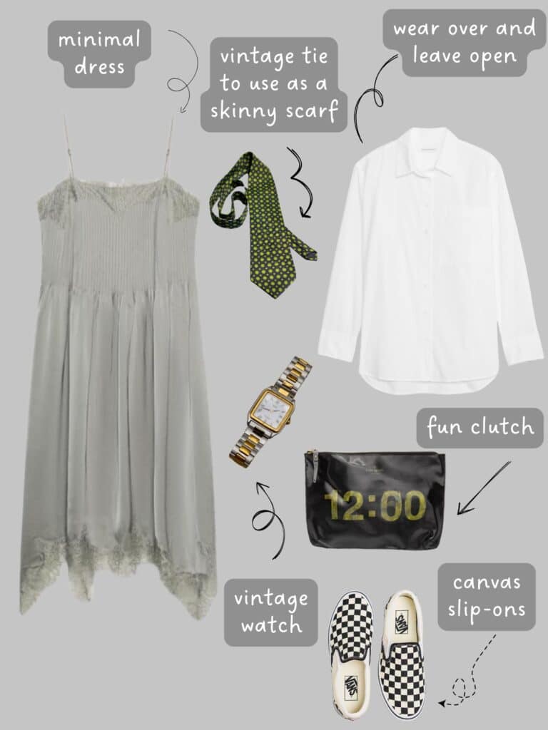 A photo of an outfit of a grey minimal sundress with a white button up, a vintage tie used as a skinny scarf, a vintage watch, checkered Vans, and a fun clutch.