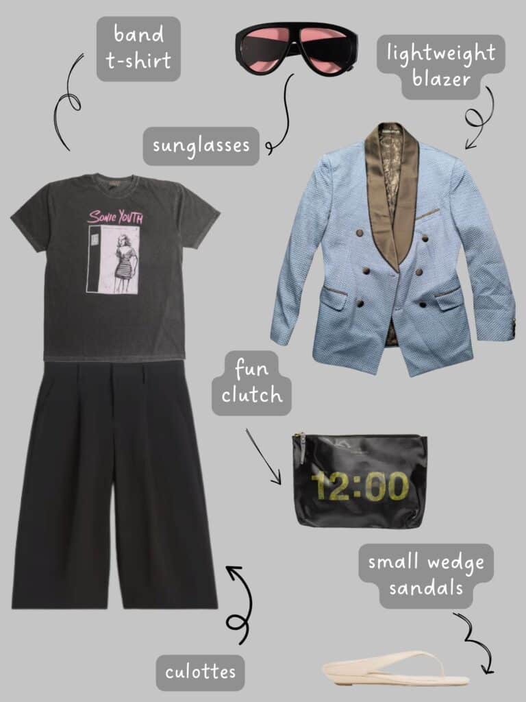 A photo of an outfit of a Sonic Youth t-shirt with black Bermuda shorts, a light blue, vintage tuxedo jacket, shield sunglasses with pink lenses, off-white wedge flip flops, and a small clutch.