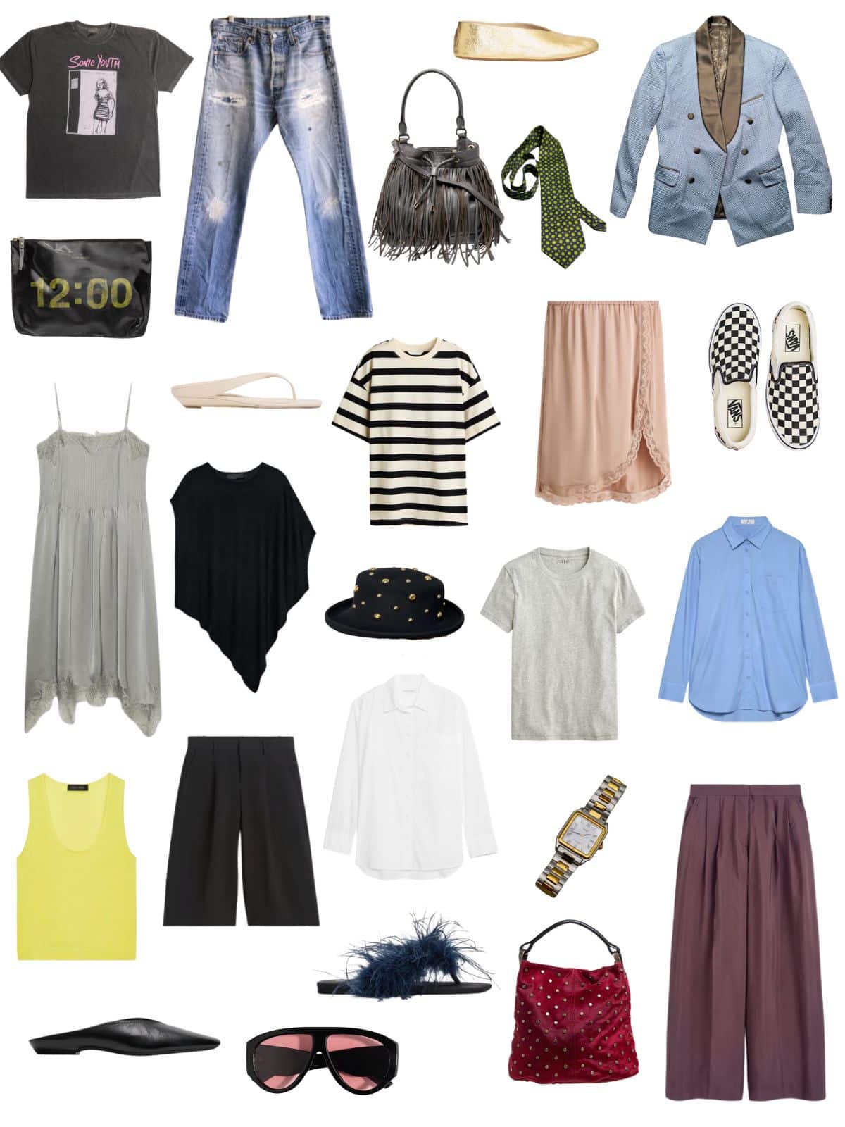 A white background with 12 pieces plus shoes and accessories for The Collected. Not Curated Summer Capsule Wardrobe.