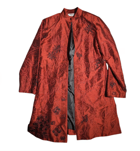 Vtg 1990s Anage Red 100% Silk Beaded Opn Front Mandarin Collar Long Jacket
