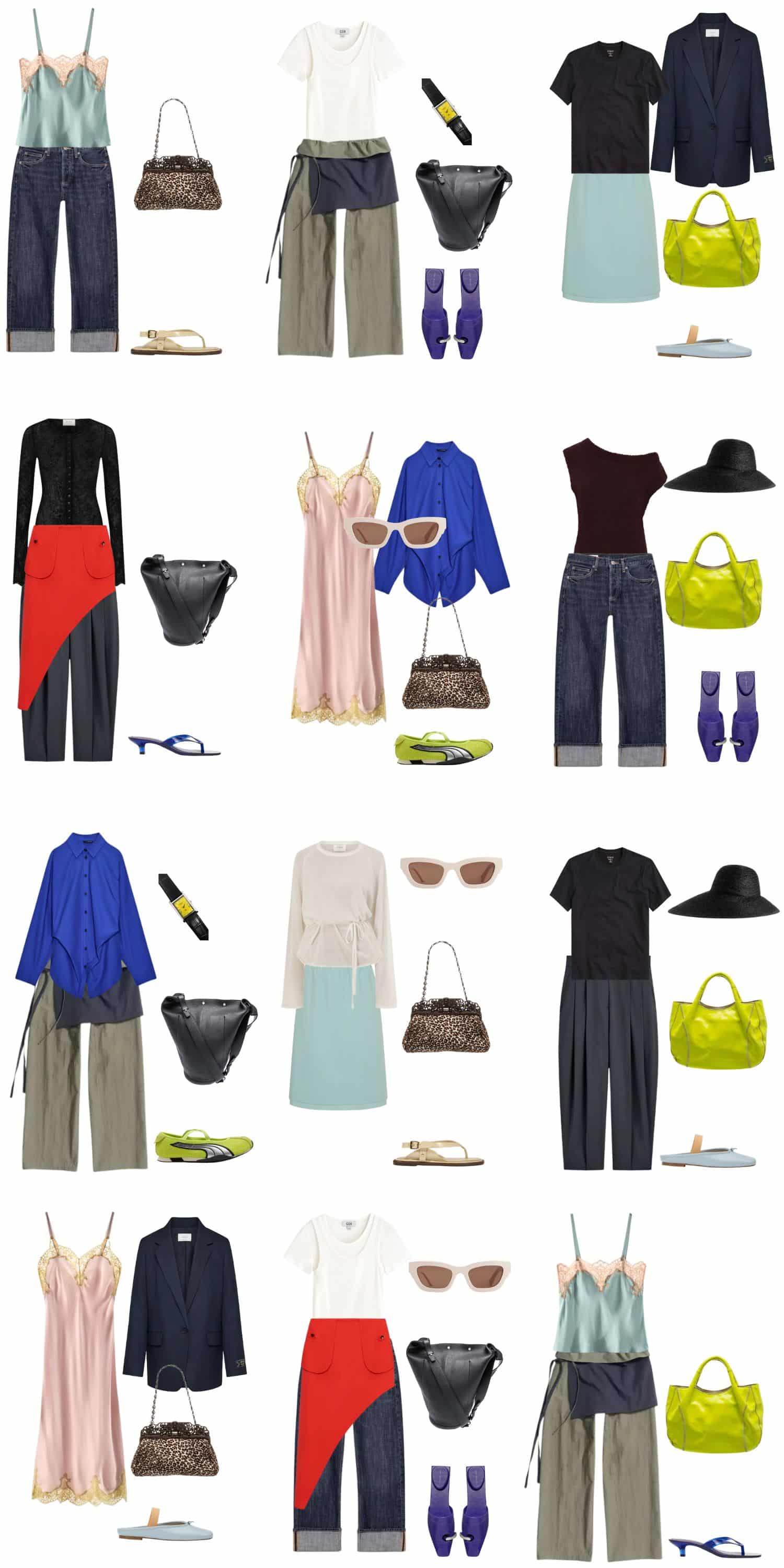 A white background with 12 outfits for The Art School Summer Capsule.