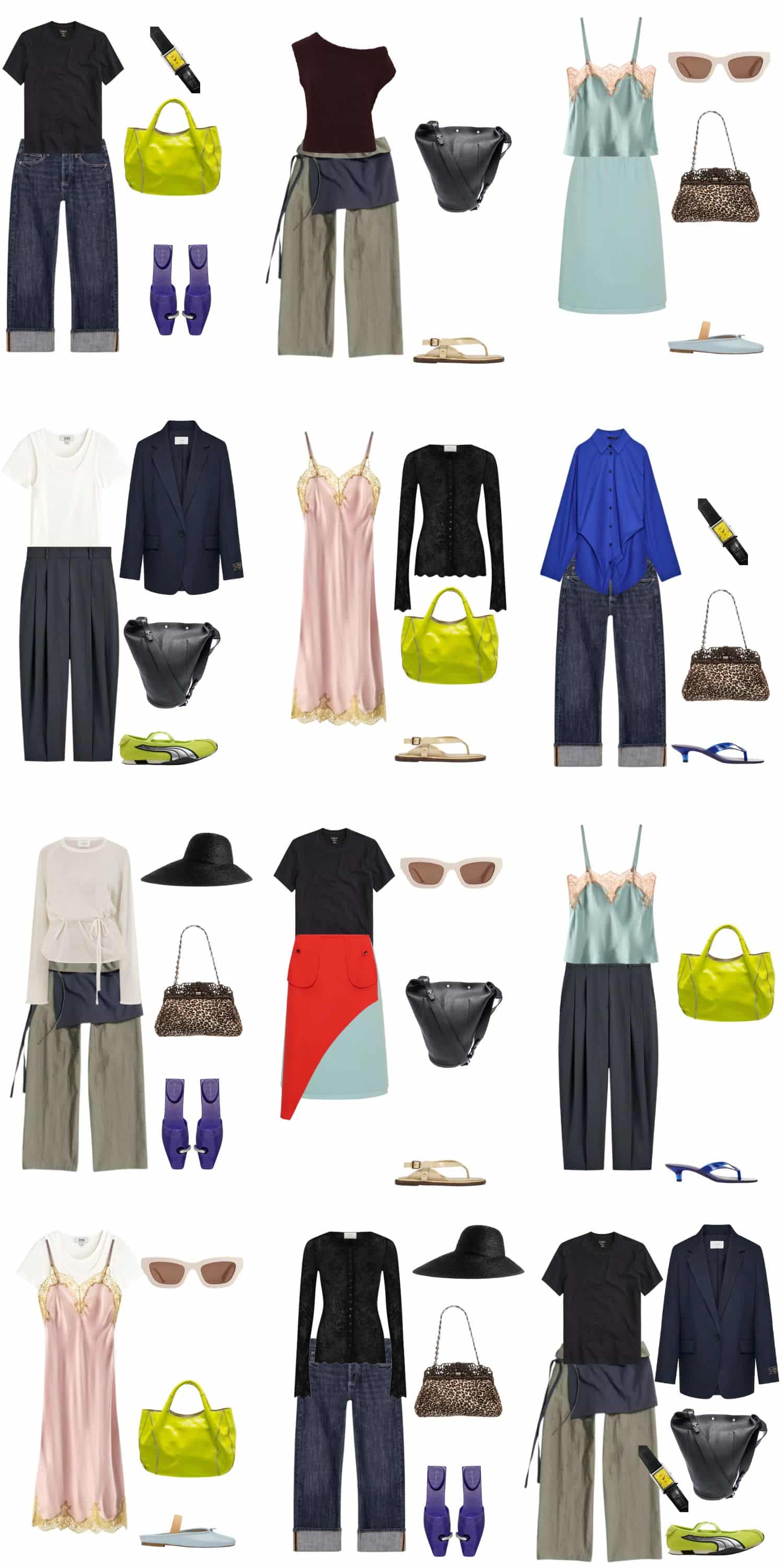 A white background with 12 outfits for The Art School Summer Capsule.