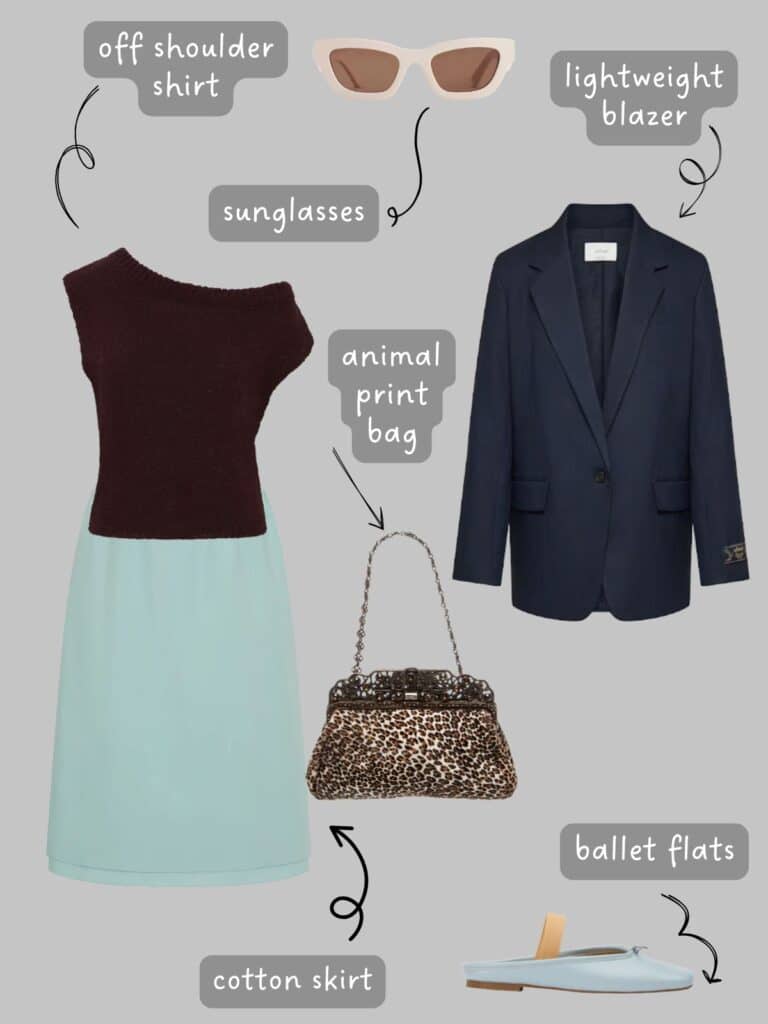 A photo of an outfit of a brown off the shoulder shirt with a light blue knee length skirt, a navy blue linen blazer, animal print bag, cream sunglasses, and light blue mules.