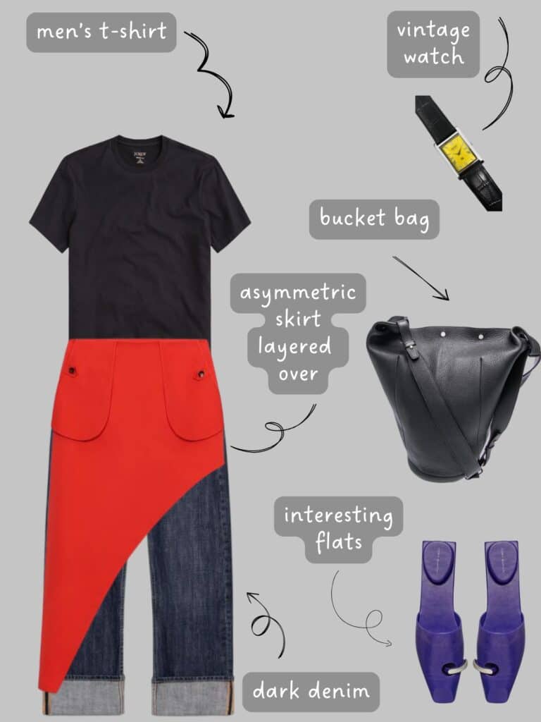 A photo of an outfit of a men's black t-shirt with dark denim, a bright red asymmetric overskirt, a vintage watch, black leather bucket bag, purple mules.