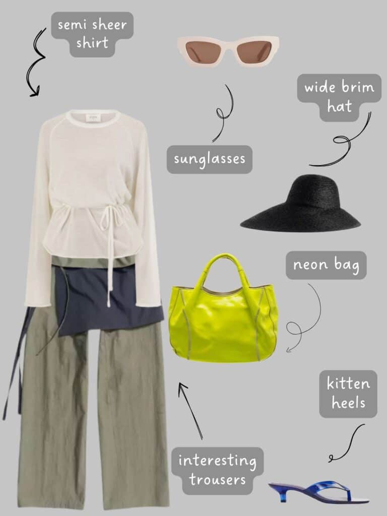 A photo of an outfit of a cream semi sheer long sleeve, apron front trousers, a wide brim black hat, cream sunglasses, a neon yellow bag, and blue kitten heels.