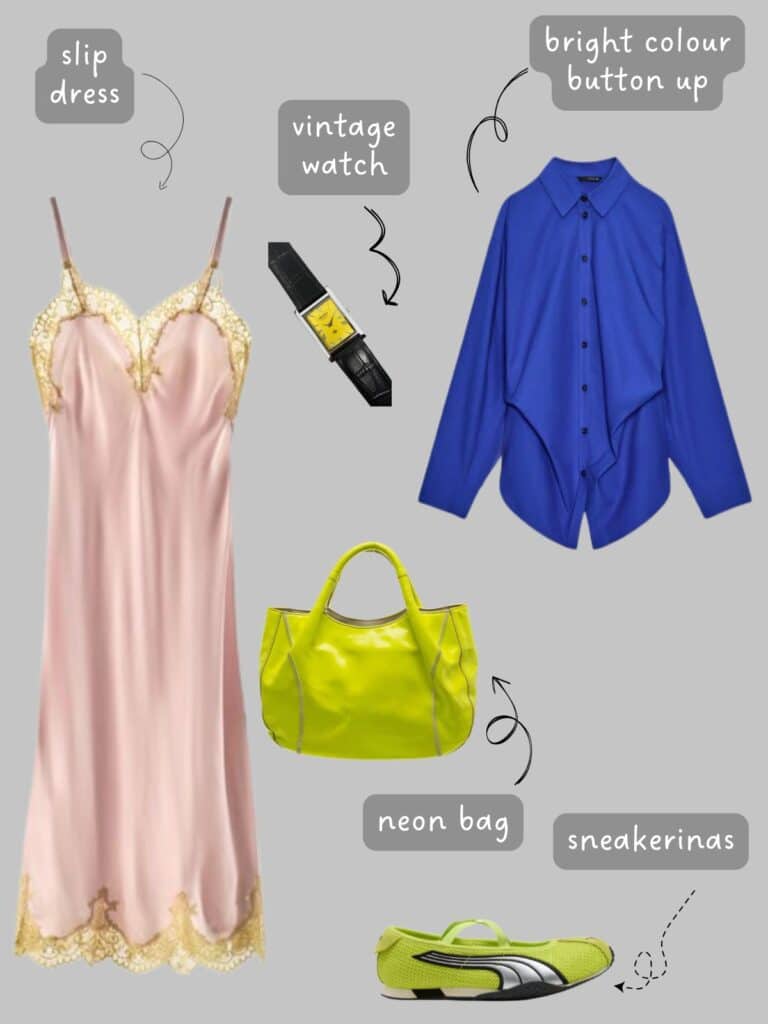A photo of an outfit of a pink slip dress with a cobalt blue button up, a vintage watch, a neon yellow bag and sneakerinas.