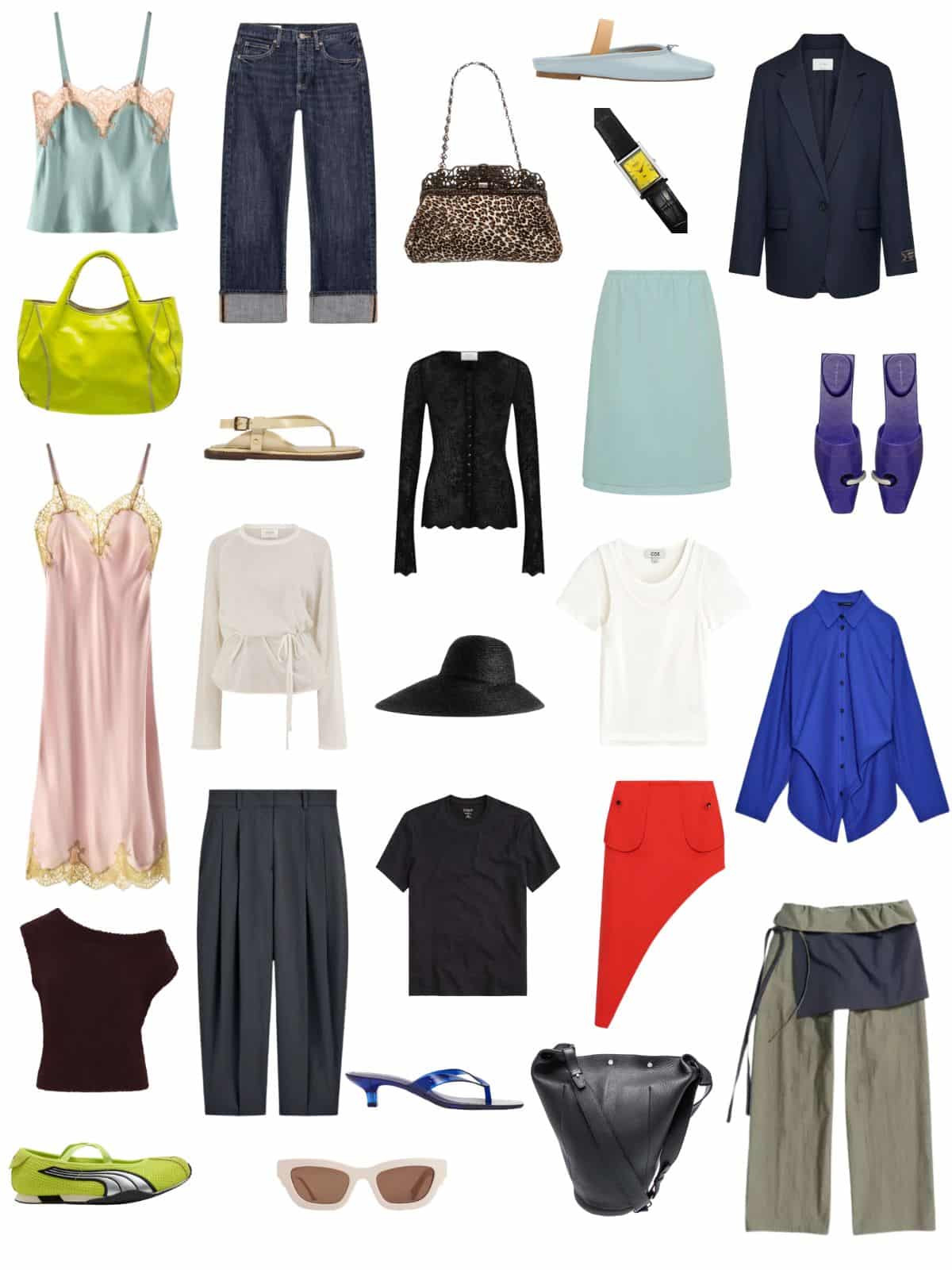 A white background with 12 pieces plus shoes and accessories for The Art School Summer Capsule.