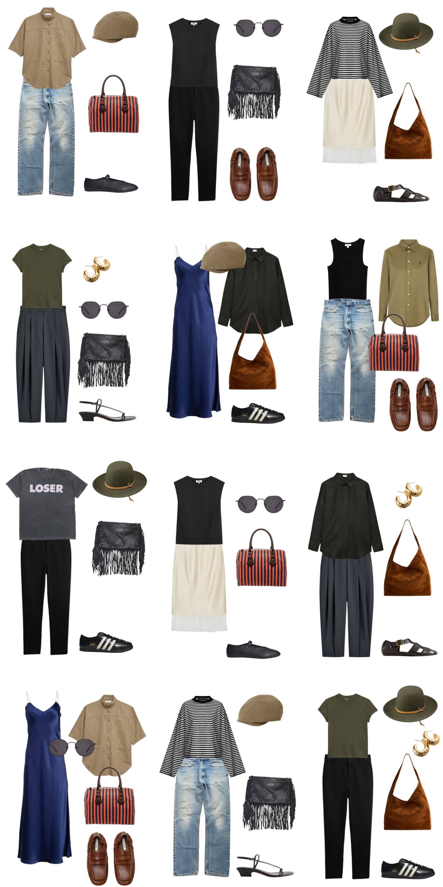 A white background with 12 outfits for The Modern Beatnik Summer Capsule Wardrobe.