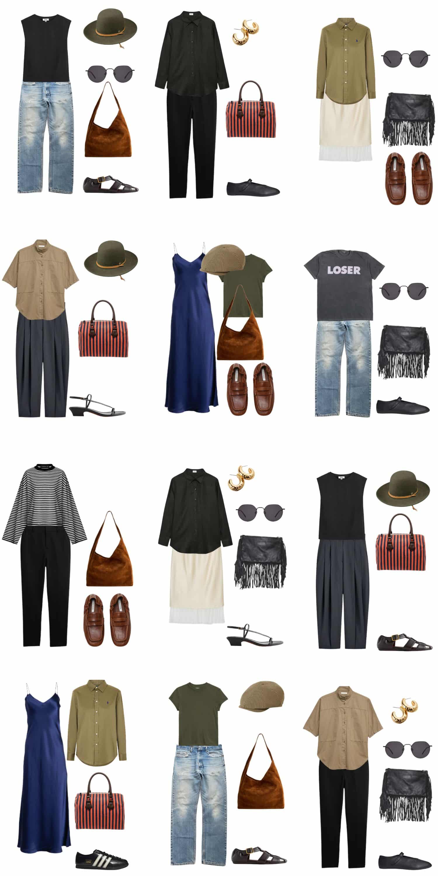 A white background with 12 outfits for The Modern Beatnik Summer Capsule Wardrobe.
