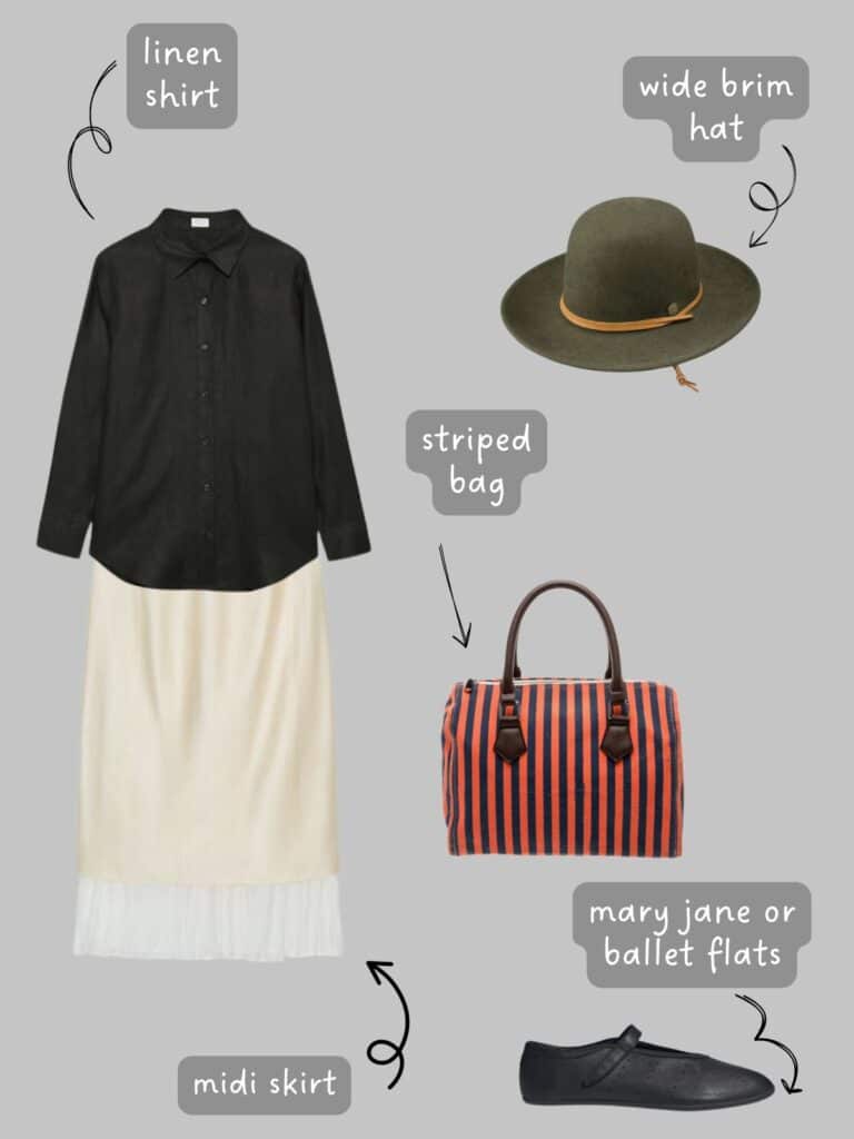 A photo of an outfit of a black linen shirt with a cream midi skirt, a green wide brim hat, a striped canvas bag, and black Mary Janes.