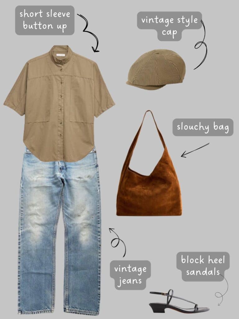 A photo of an outfit of a khaki short sleeve butt up, with vintage Levis, a driving cap, slouchy brown suede bag, and black block heel sandals.