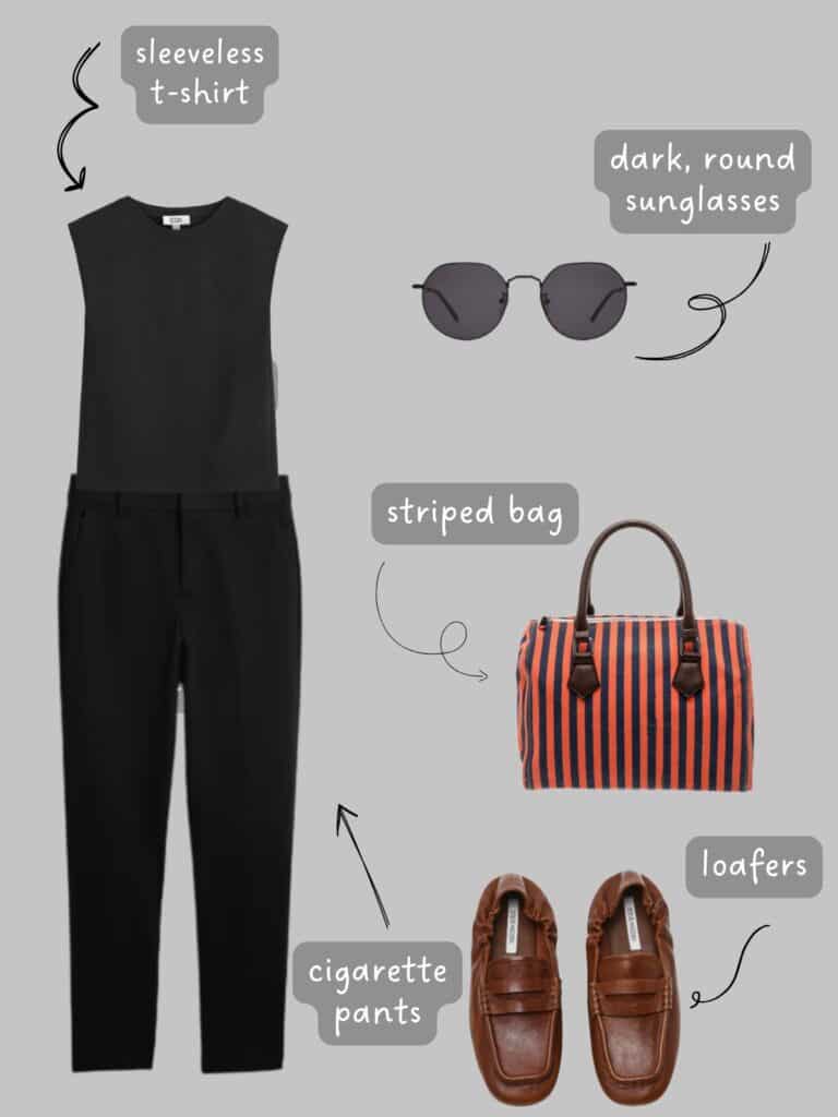 A photo of an outfit of a black sleeveless t-shirt with black cigarette pants, black, round sunglasses, a striped canvas bag, and brown loafers.