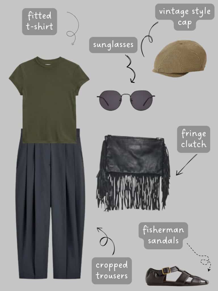 A photo of an outfit of a green t-shirt with grey cropped trousers, a driving cap, black, round, sunglasses, a fringe clutch, and fisherman sandals.