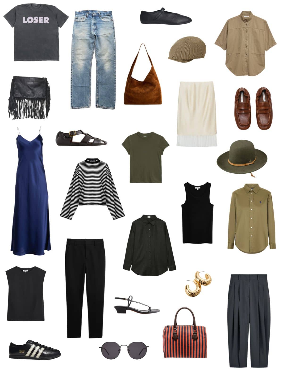 A white background with 12 pieces plus shoes and accessories for The Modern Beatnik Summer Capsule Wardrobe.