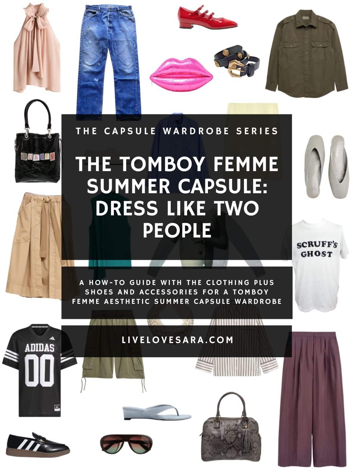 A white background with 12 clothing items plus shoes and accessories for The Tomboy Femme Summer Capsule. In the middle is a black box with white text that reads, "The Tomboy Femme Summer Capsule: Dress Like Two People".