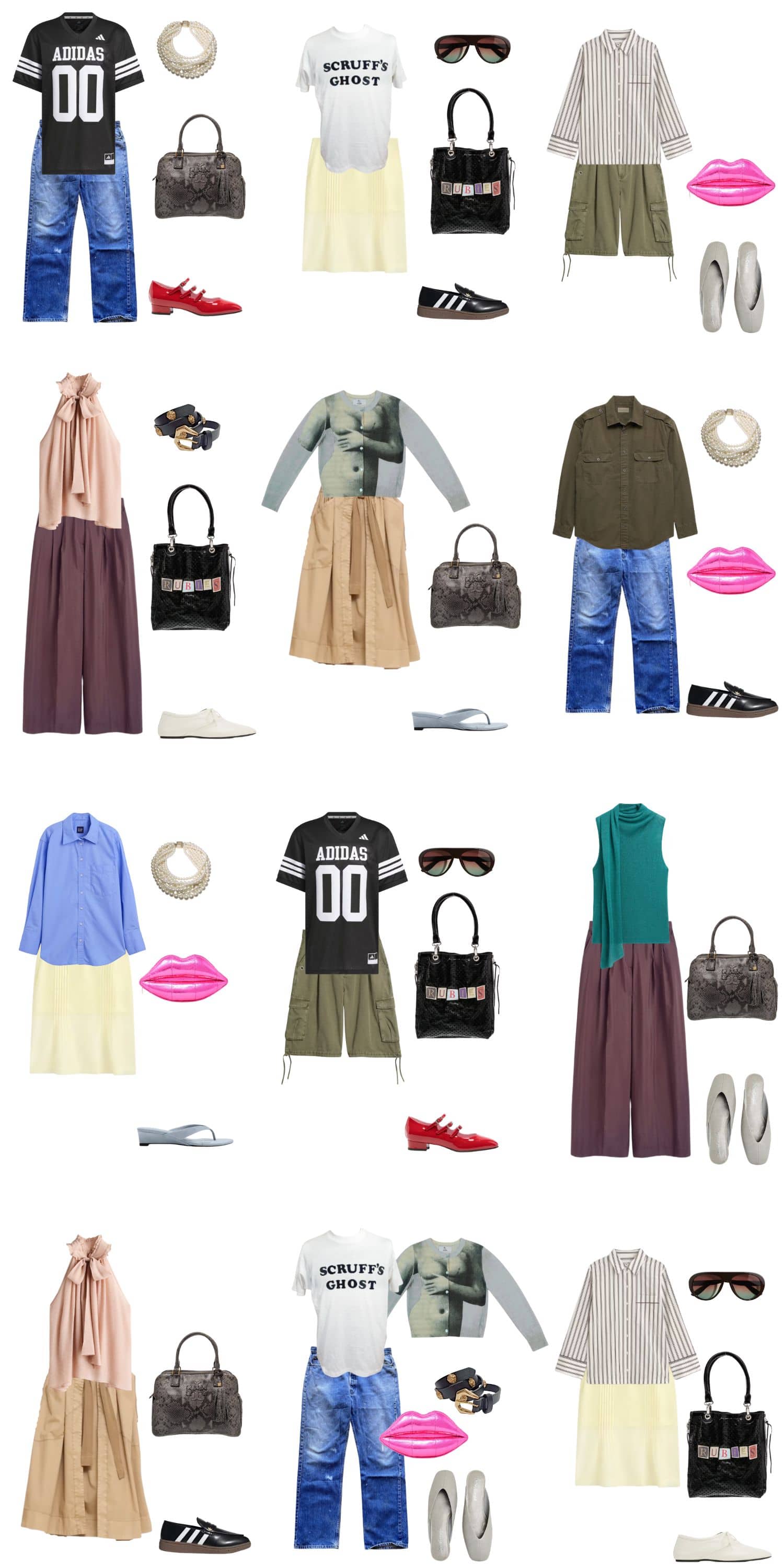 A white background with 12 outfits for The Tomboy Femme Summer Capsule.