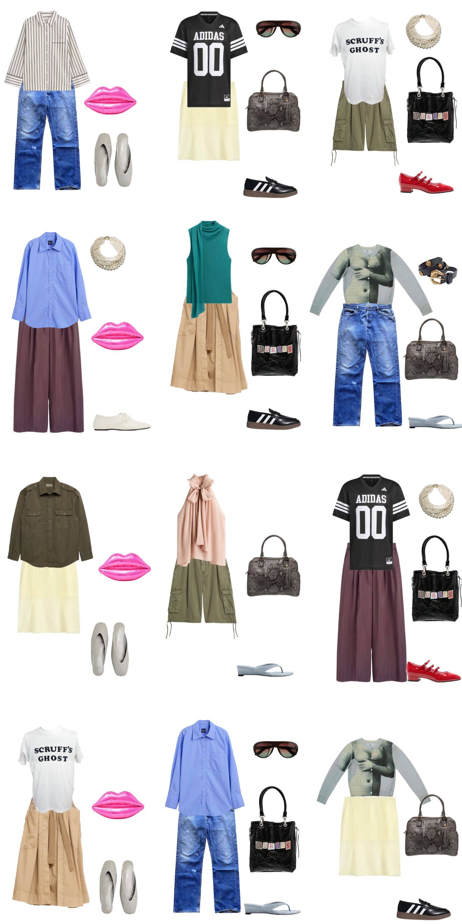 A white background with 12 outfits for The Tomboy Femme Summer Capsule.