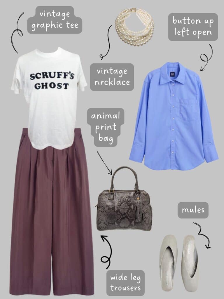 A photo of an outfit of a white graphic t-shirt that says Scruff's Ghosts, burgundy trousers, a blue button up, vintage pearl necklace, grey mules, and a grey snake print bag.