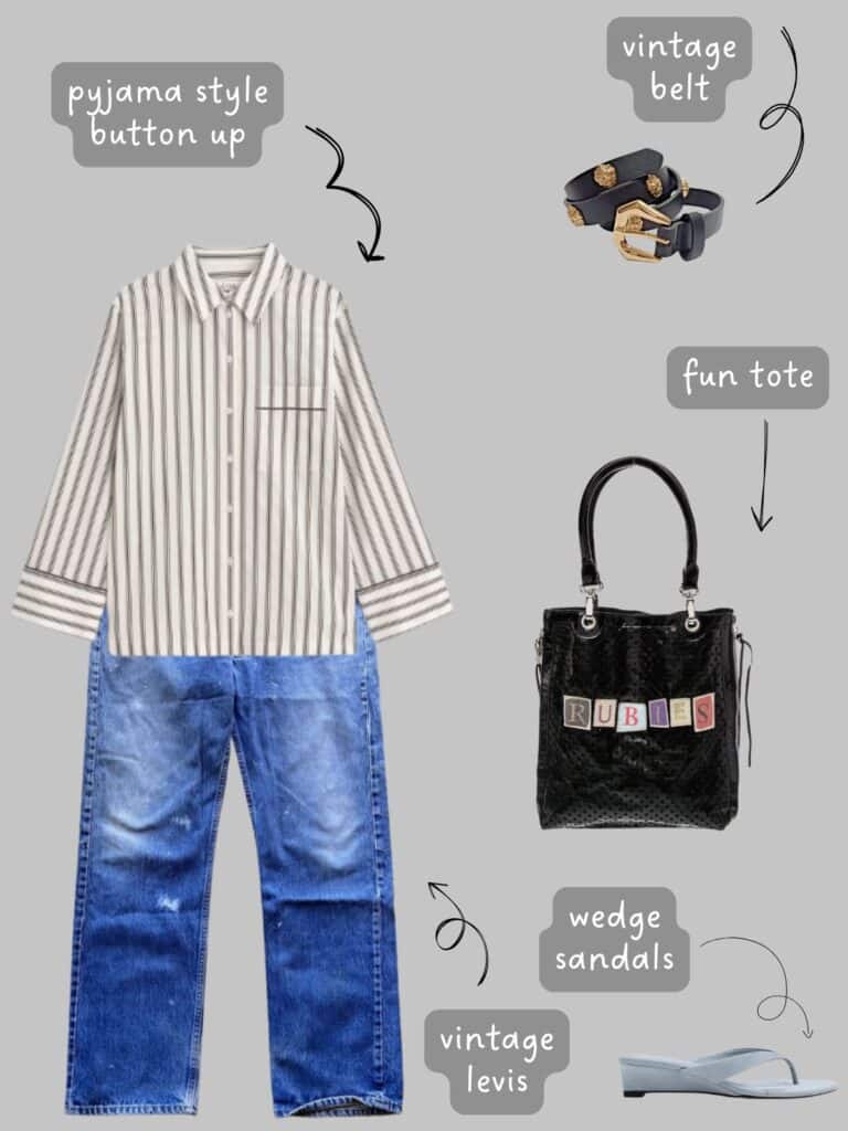 A photo of an outfit of a brown and cream striped button up with vintage levis, a vintage belt with lions heads, blue wedge sandals, and a black tote.