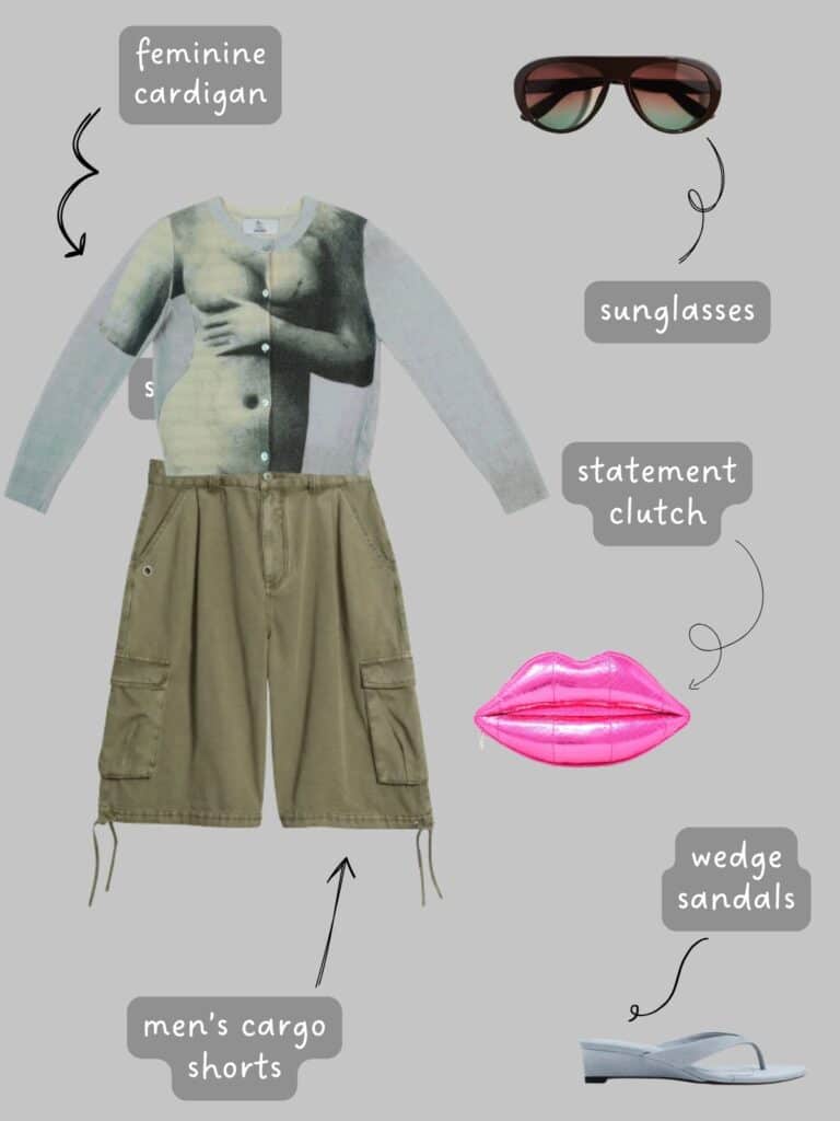 A photo of an outfit of a hades wool sculpture cardigan, men's cargo shorts, sunglasses, a bright pink lips shaped clutch, and blue wedge sandals.