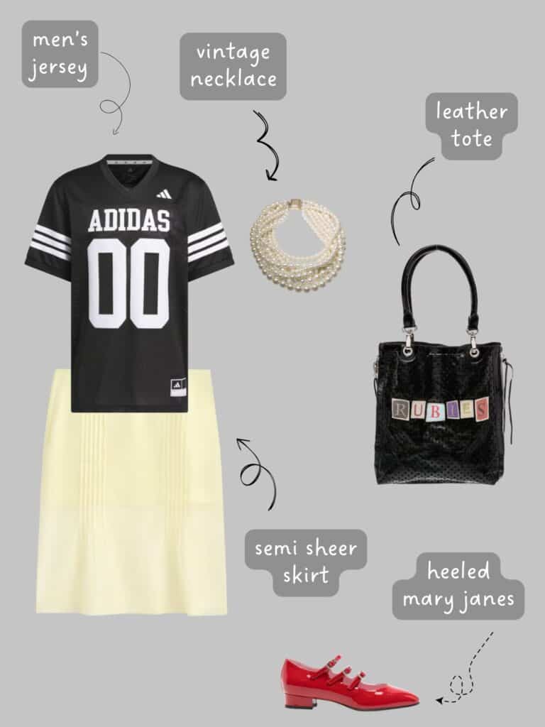 A photo of an outfit of a men's jersey with a yellow semi sheer skirt, a vintage pearl necklace, red mary janes, and a black tote.