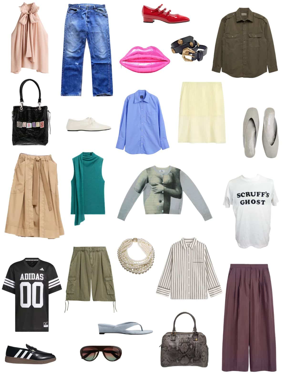 A white background with 12 pieces plus shoes and accessories for The Tomboy Femme Summer Capsule.