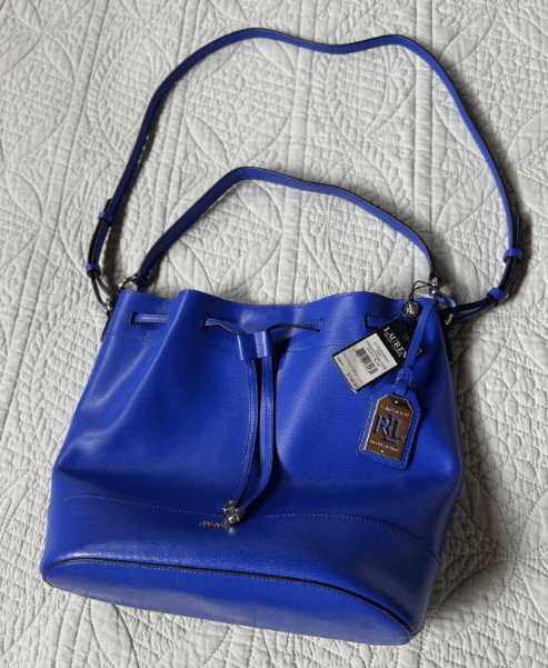 Vintage Ralph Lauren “Tate Drawstring Hobo” Cow Leather Bucket Bag blue