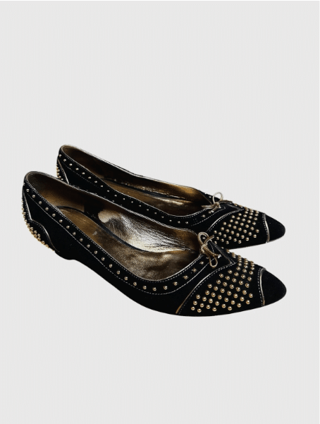Miu Miu Vintage Black Suede Gold Studded Kitten Heels