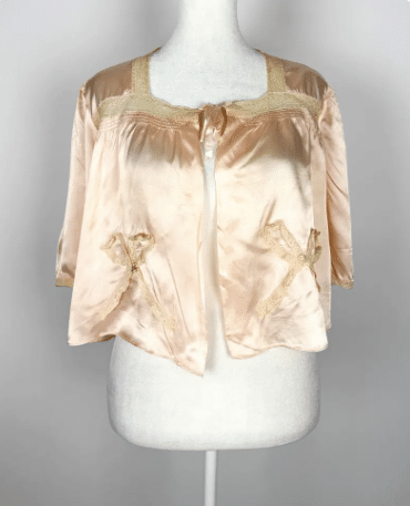 Vintage 1940s Pink Satin Lace Bow Bed Jacket