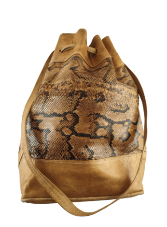Vintage brown leather bucket bag • Snake textured