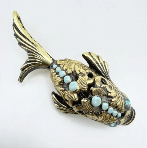 Vintage Signed DEIN GERMANY Carp Fish Brooch Pin Gold Tone Blue Cabochons