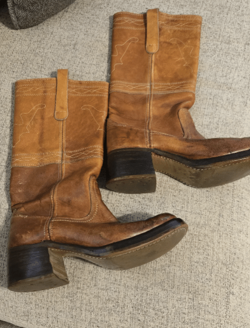 Frye Women's Cognac Leather Mid-Calf Heeled Boot Vintage 70s