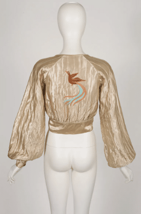 1970s Vintage Embroidered Bird Quilted Beige Satin Bishop Sleeve Cropped Bomber Jacket