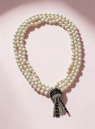 Vintage Triple Strand Faux Pearl Necklace, Black Rhinestone Clasp