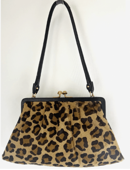 Vintage ST. JOHN Cognac Leopard Pony Hair Print Shoulder Bag Kiss Lock