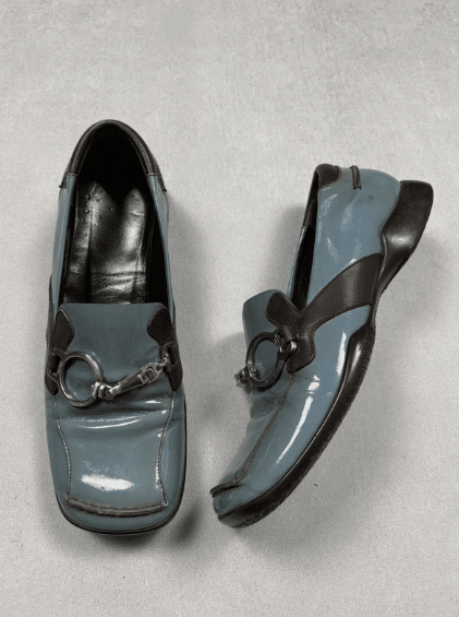 Vintage Prada Patent Leather Horsebit Loafers Blue