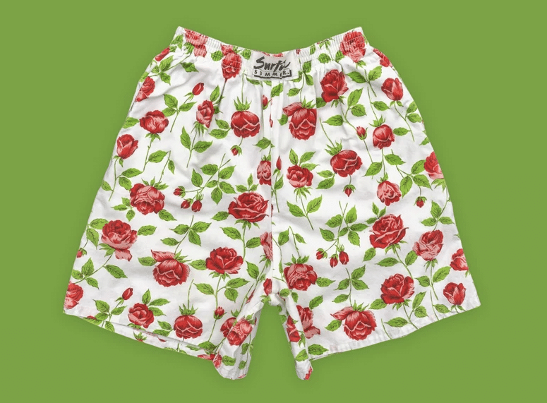Vintage 90s Summer Red Rose Print Cotton Board Shorts