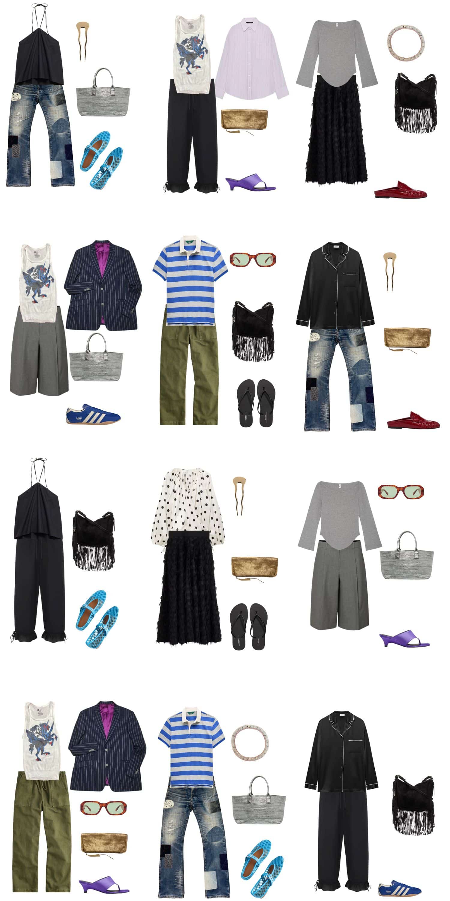 A white background with 12 outfits for The Backlash Summer Capsule Wardrobe for the Quiet Luxury Reject.