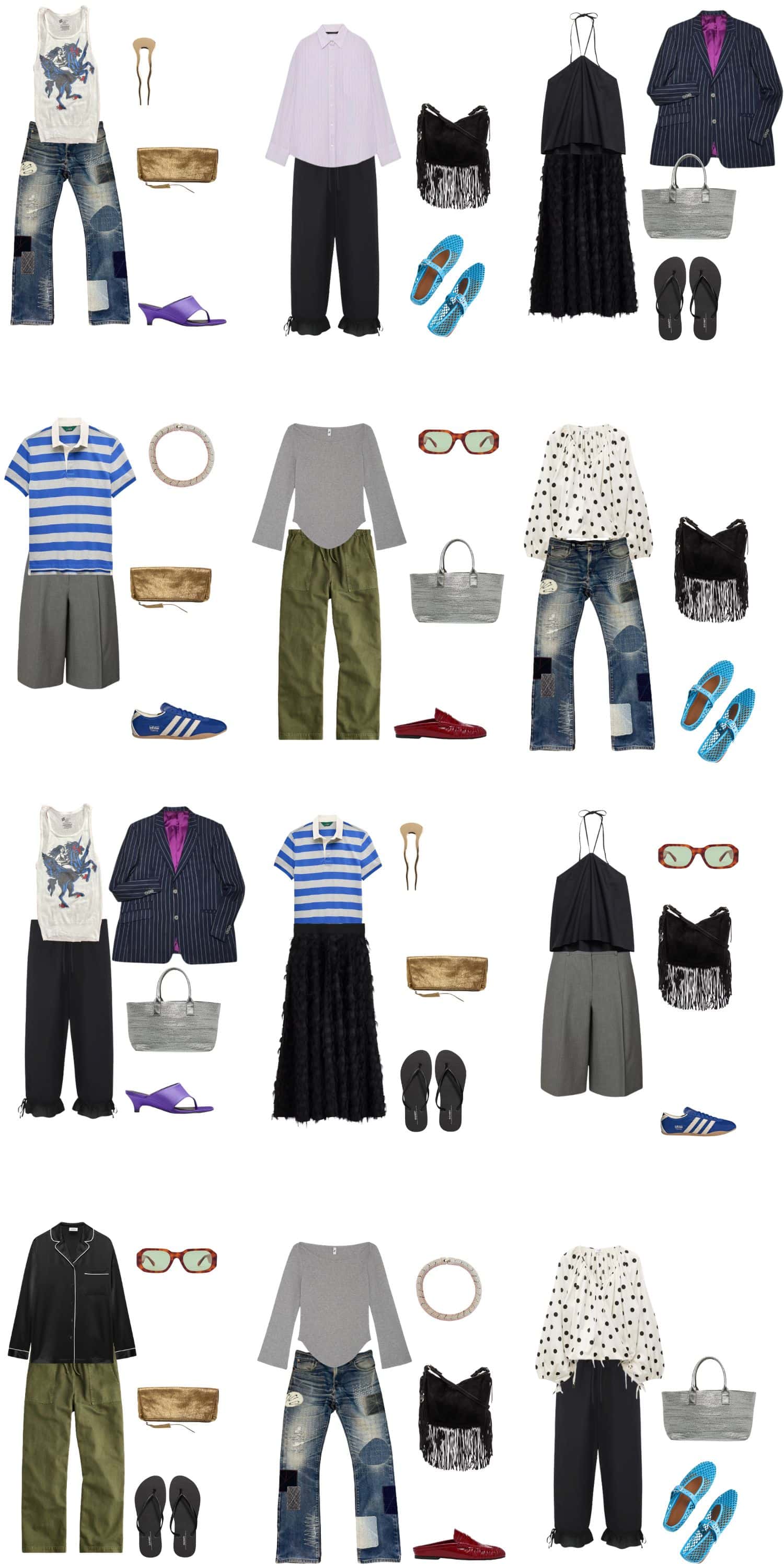 A white background with 12 outfits for The Backlash Summer Capsule Wardrobe for the Quiet Luxury Reject.