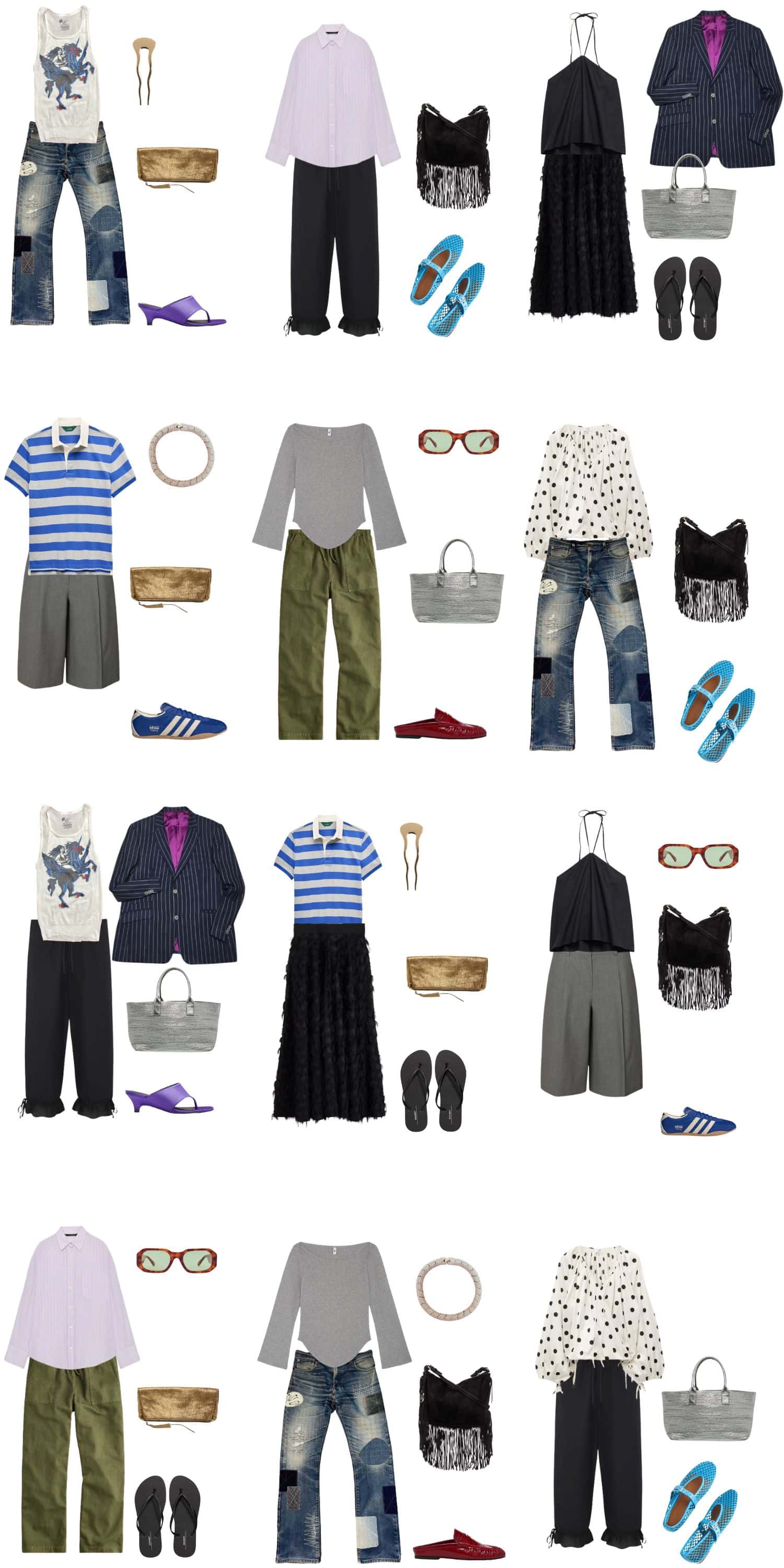 A white background with 12 outfits for The Backlash Summer Capsule Wardrobe for the Quiet Luxury Reject.