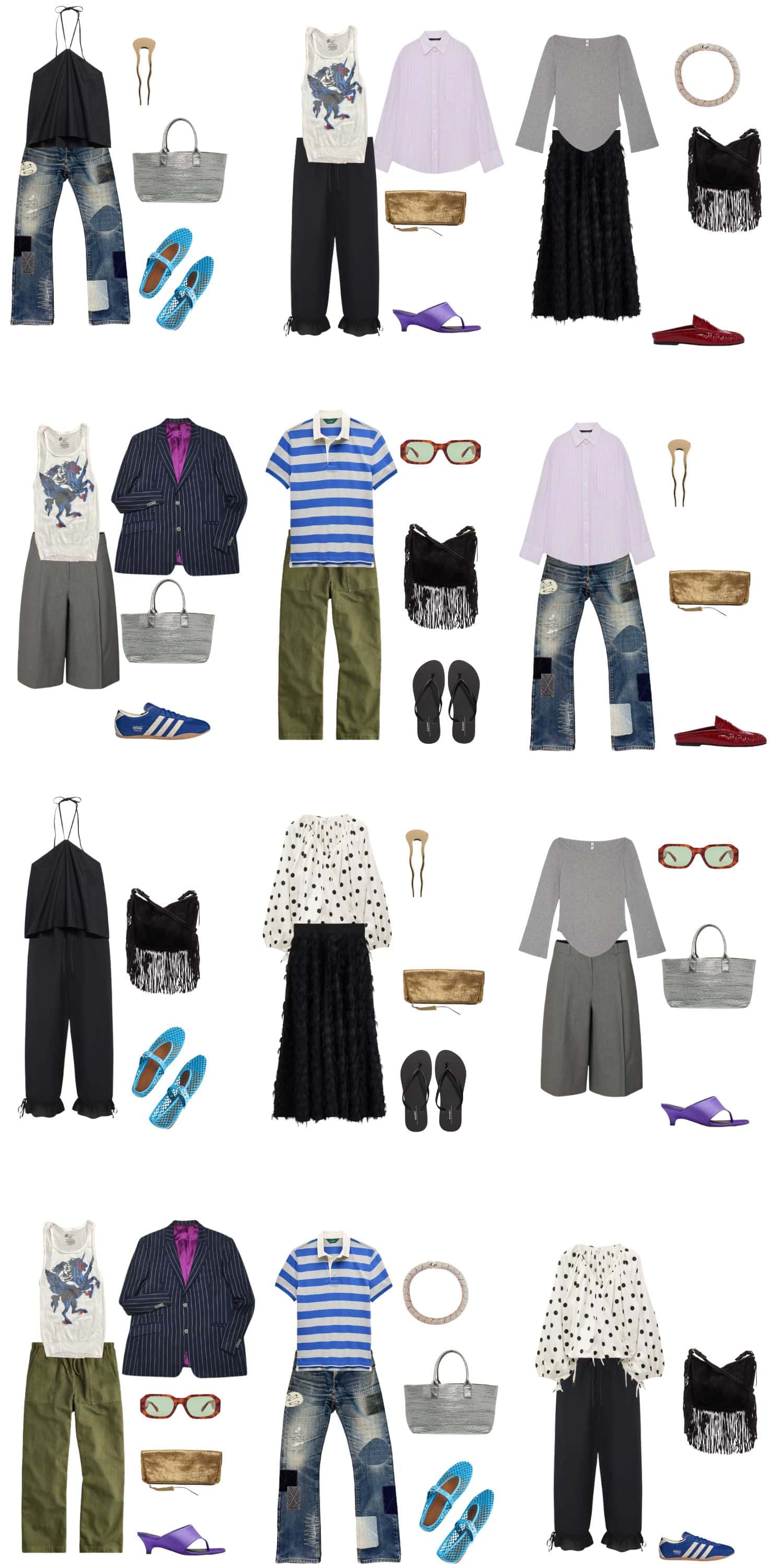 A white background with 12 outfits for The Backlash Summer Capsule Wardrobe for the Quiet Luxury Reject.