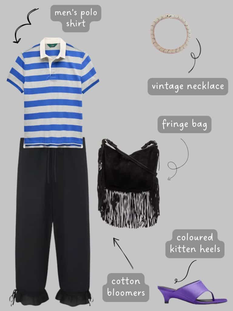 A photo of an outfit of a men's blue and grey stripe polo, black cotton bloomers, a black fringe bag, an vintage necklace, and purple kitten heels.