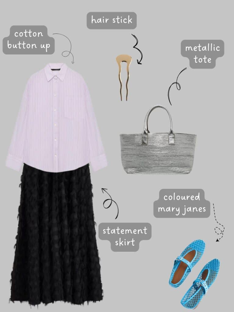 A photo of an outfit of a light purple striped button up, a black long skirt, a gold hair pick, a silver tote, and blue mesh mary janes.
